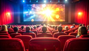 Publiek zit in de bioscoop naar het filmscherm te kijken